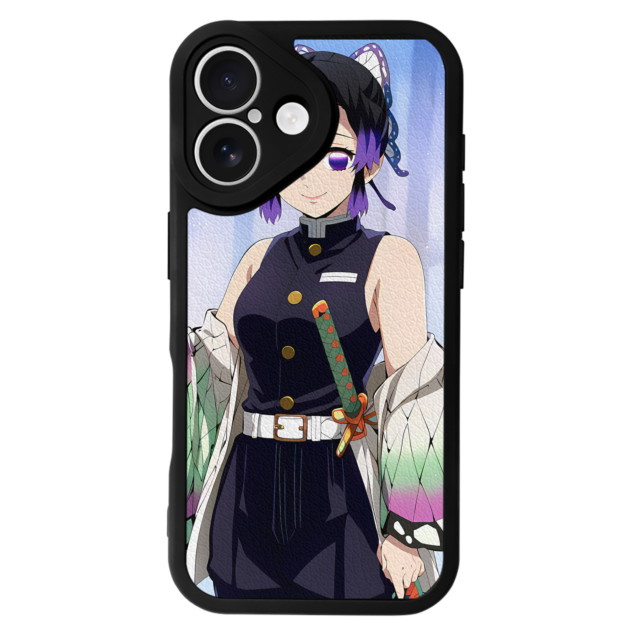 （画像用） 鬼滅の刃（きめつのやいば）蟲柱-胡蝶 しのぶ／こちょう しのぶ Kochou Shinobu 【iPhone 16シリーズ対応】シリコンスマホケース（レザー調） 材質：シリコン